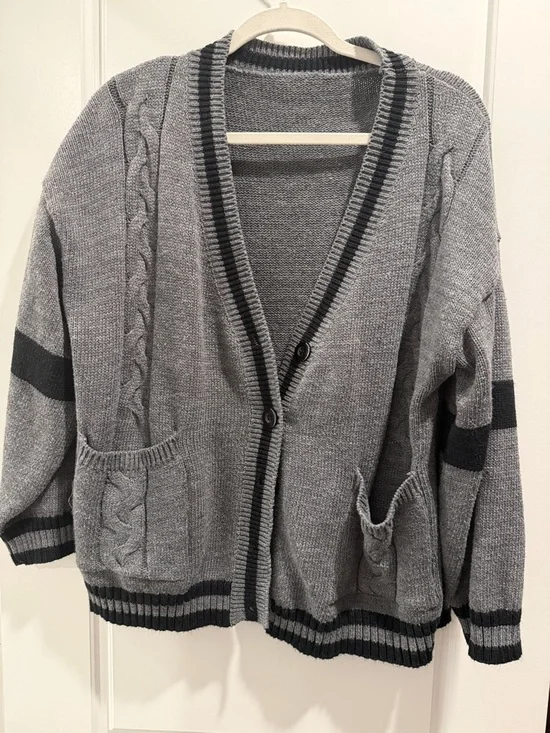 Gray Knit Button Cardigan with Black Trim - Picture 1 of 6